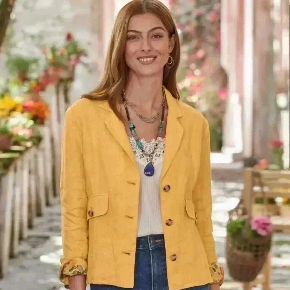 Sundance Pippa Linen Blazer in‎ Sunset Yellow SZ M Summer Beach Vacation Boho